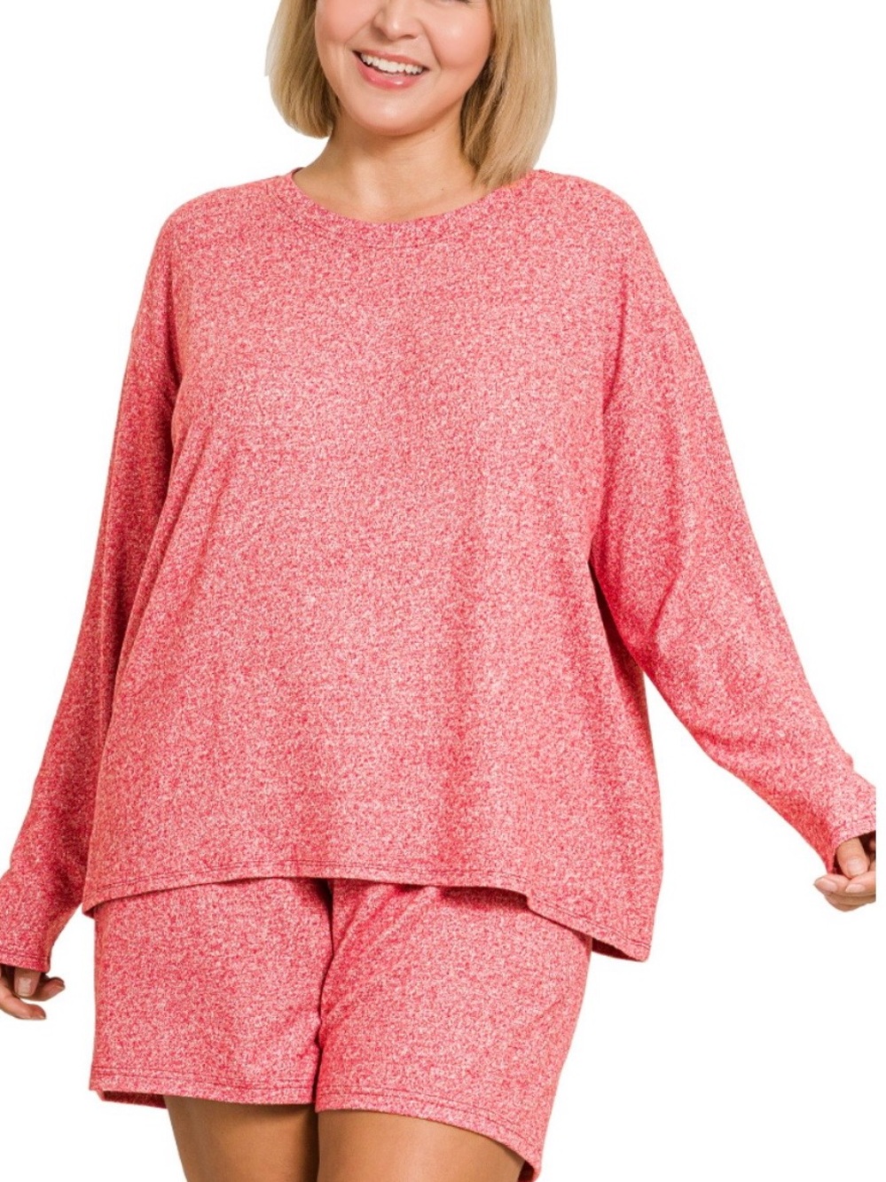 NEW! Plus Size Dark Red Plus soft melange long sleeve tee & shorts set Size 1X - Picture 2 of 6